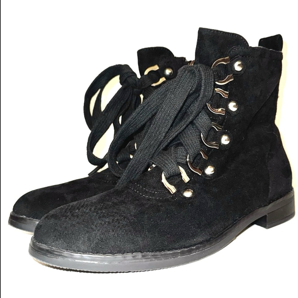 Le Chateau- Vegan Suede Laced Ankle Booties with Chunky Metal Eyelets